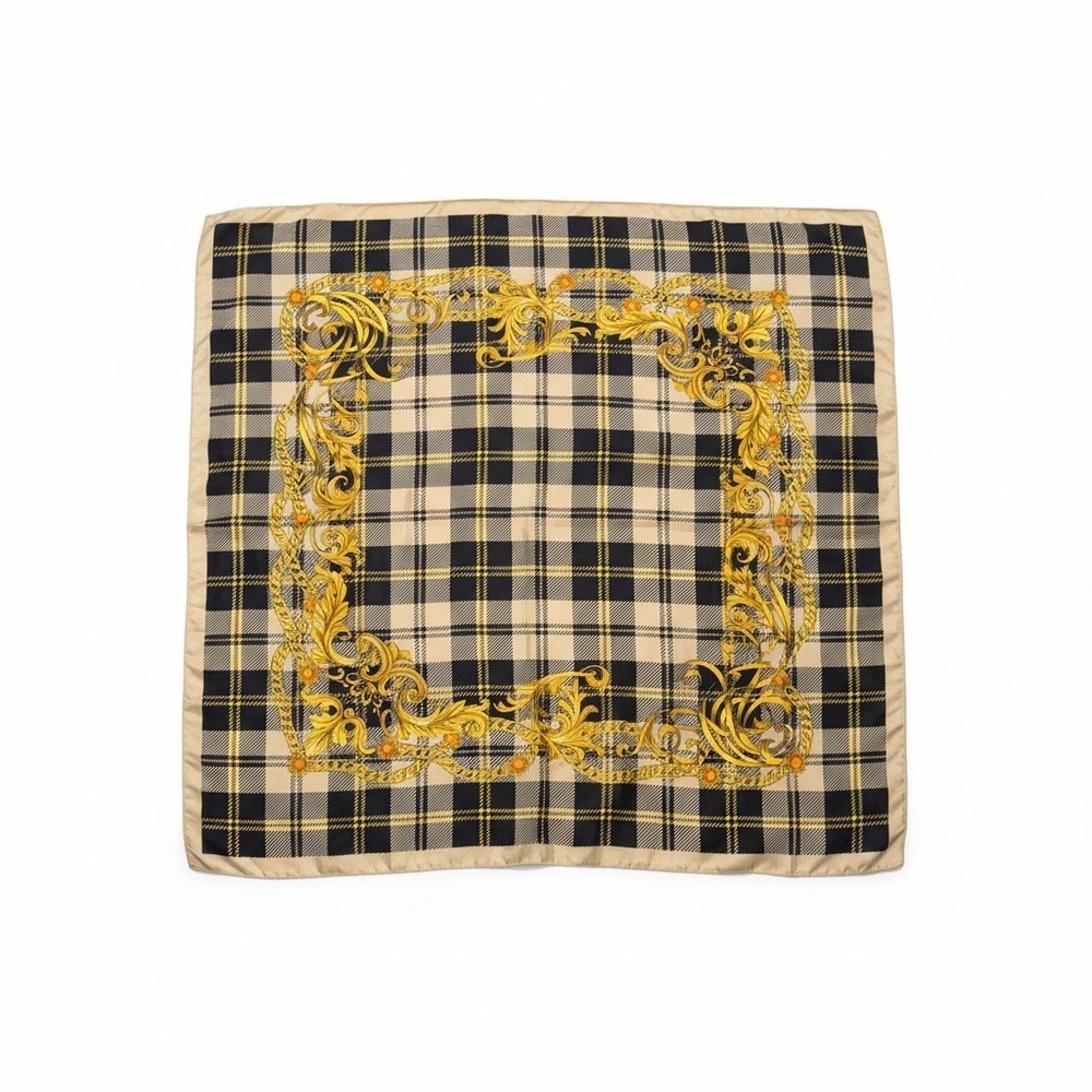 Vintage Baroque Plaid Square Scarf Tan Black Gold Chain Print Large